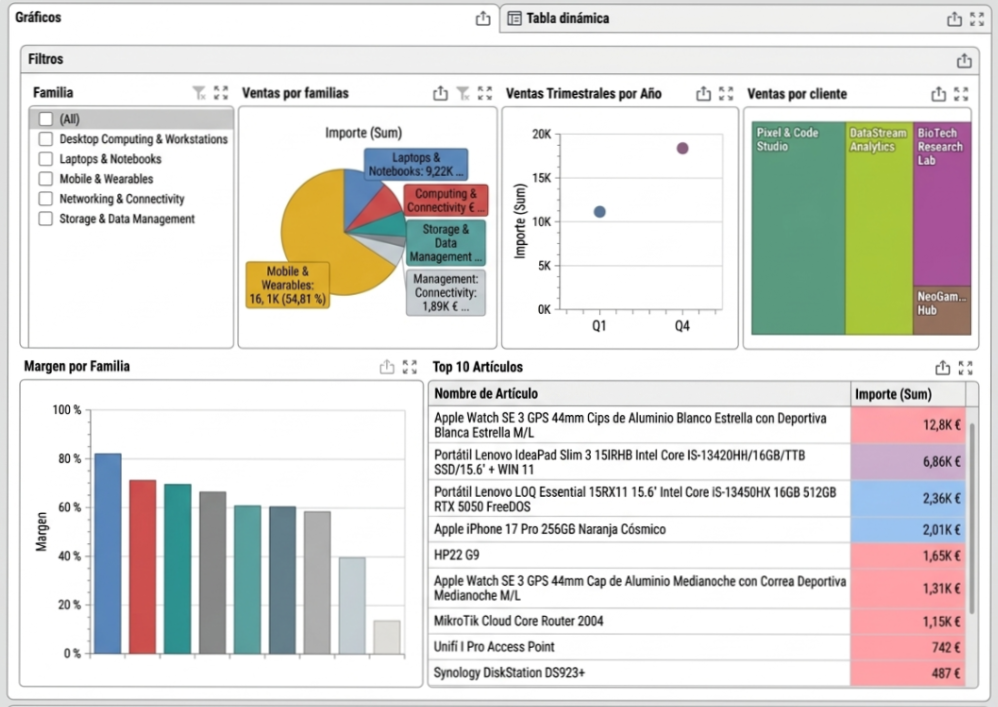 Panel de analítica de ventas con gráficos de rendimiento por categoría, márgenes de beneficio y tabla de los 10 productos más vendidos.