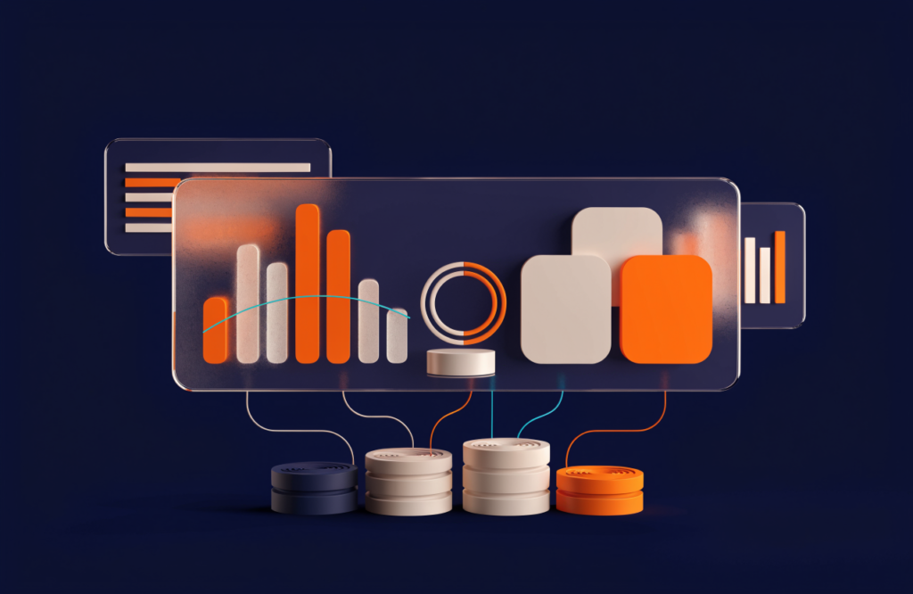 Ilustración de cuadros de mando de Business Intelligence conectados a distintas fuentes de datos